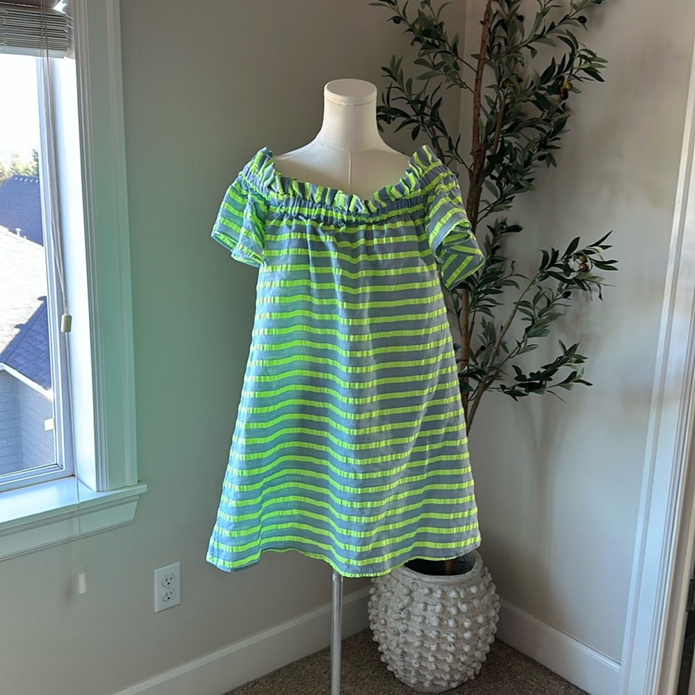 MP - Corey Lynn Calter Neon Green Striped Shift Dress Off the shoulder Ruffle